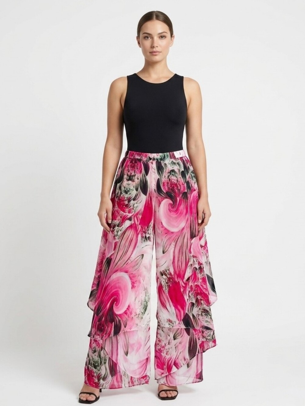 Pyramid Collection Pink Floral Chiffon Wide Leg Split Palazzo Pants Womens 1X